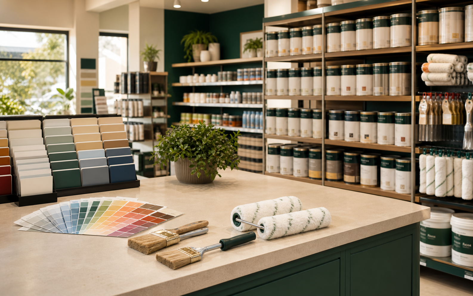 Organized paint store shelves with paint cans, brushes and color samples