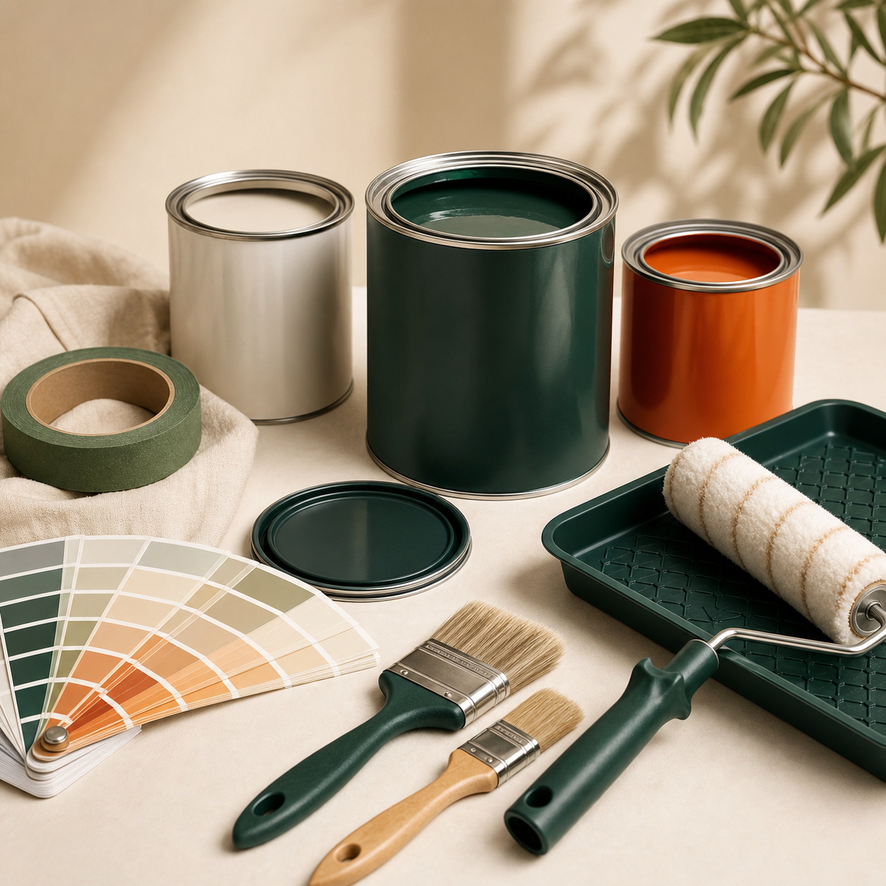 Paint cans, color swatches, brushes and rollers on a clean tabletop